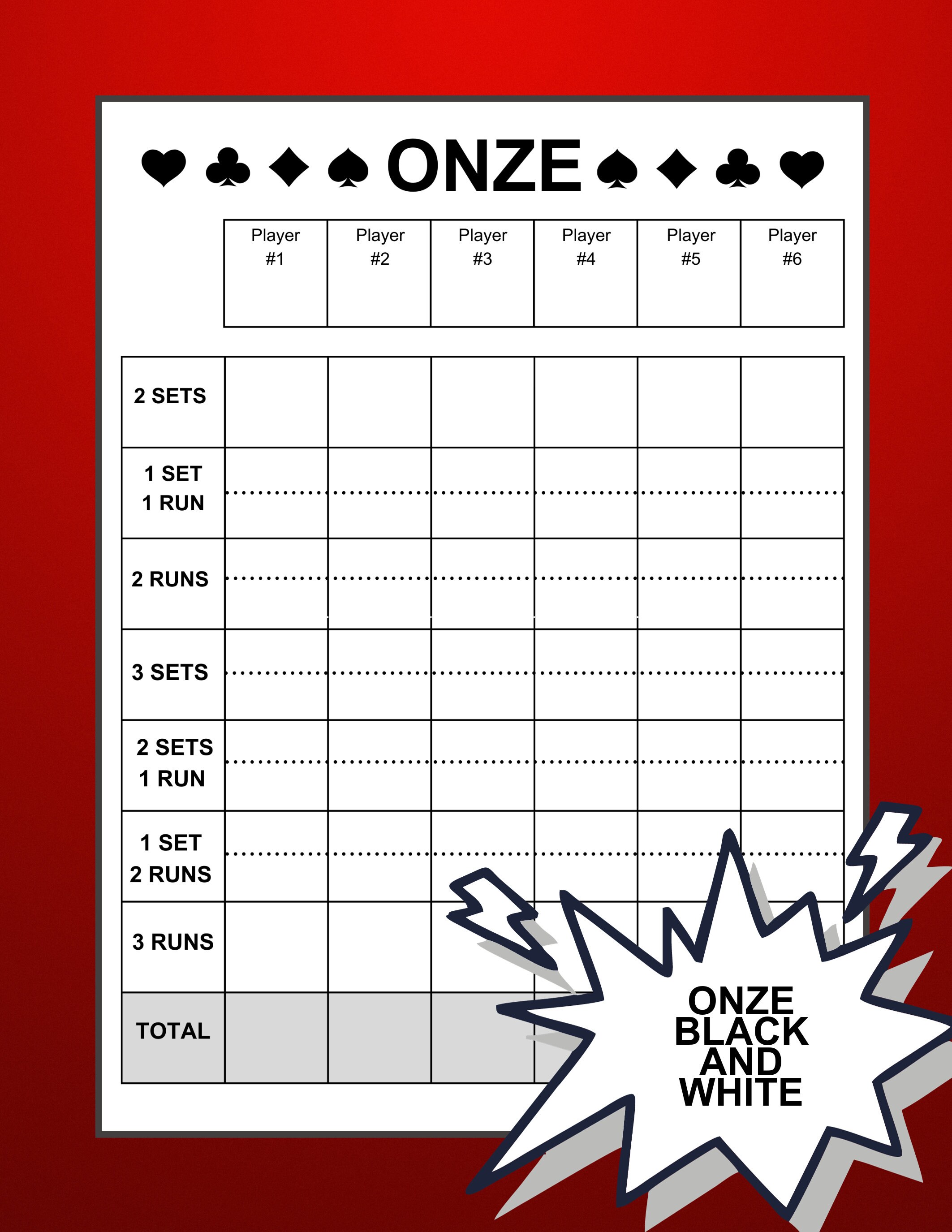 Onze Score Sheets, Onze Cards X2 X4 per Page, Printable Onze Score Pad