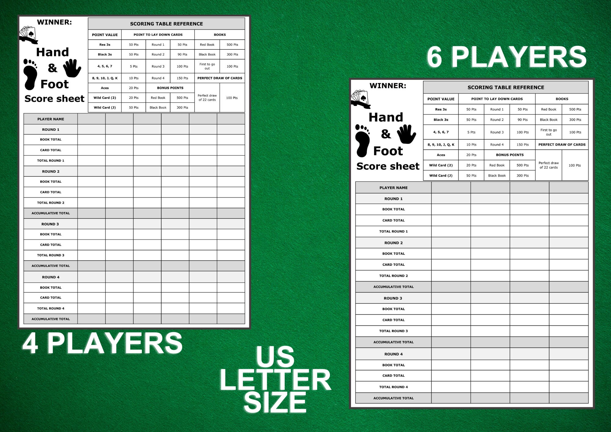 Hand and Foot Score Sheet, Hand and Foot Rules, Hand & Foot Score Card