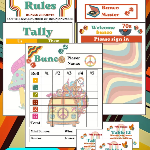 Retro Bunco, 70s Bunco, Colorful Bunko, Bunco Themes, Bunco Player Sheet x2 x4, Bunko Rules, Bunco Tally Retro, Bunco Night