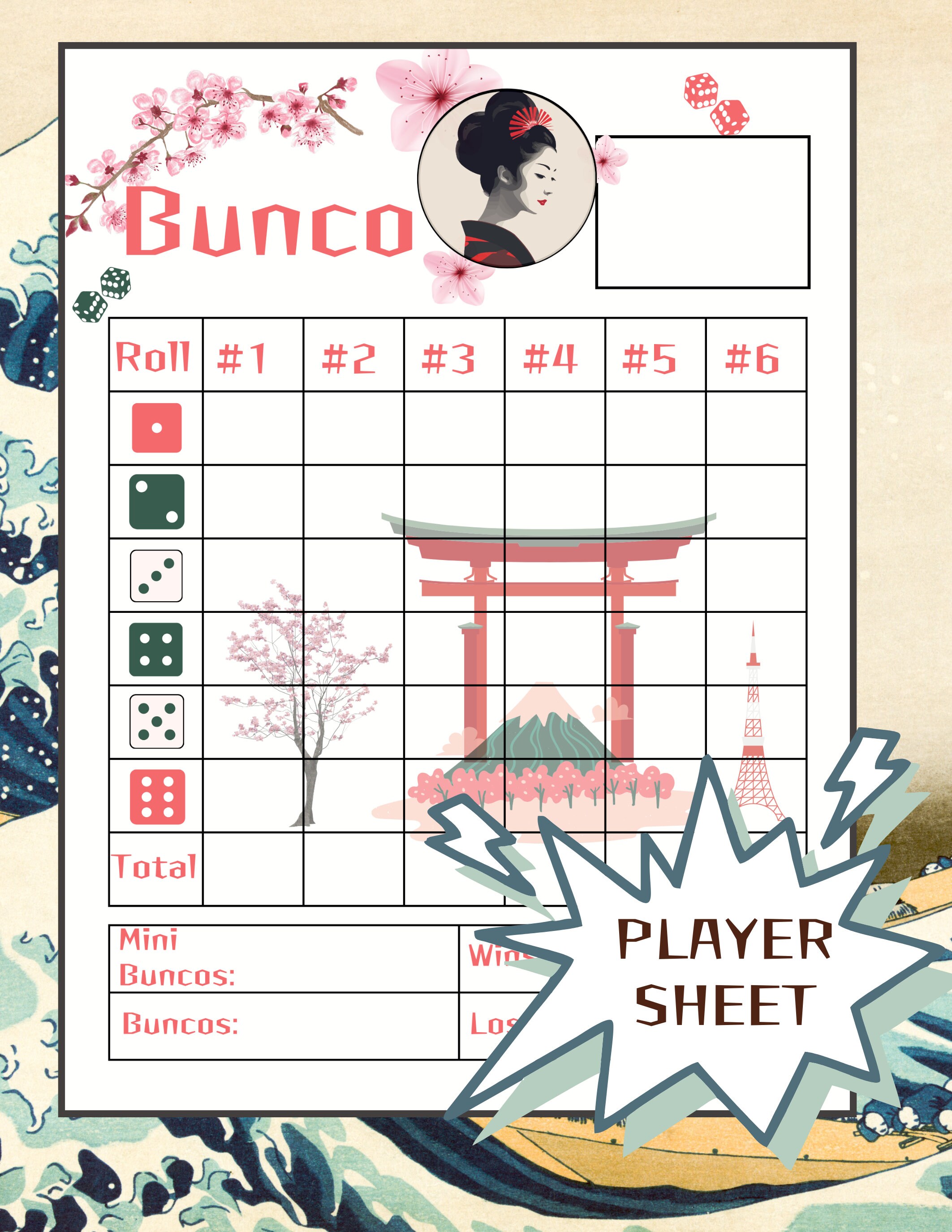 Japan Bunco, Bunco Themes,player Scoresheet X2 X4, Bunco Japan Samurai Bundle, Geisha Bunco
