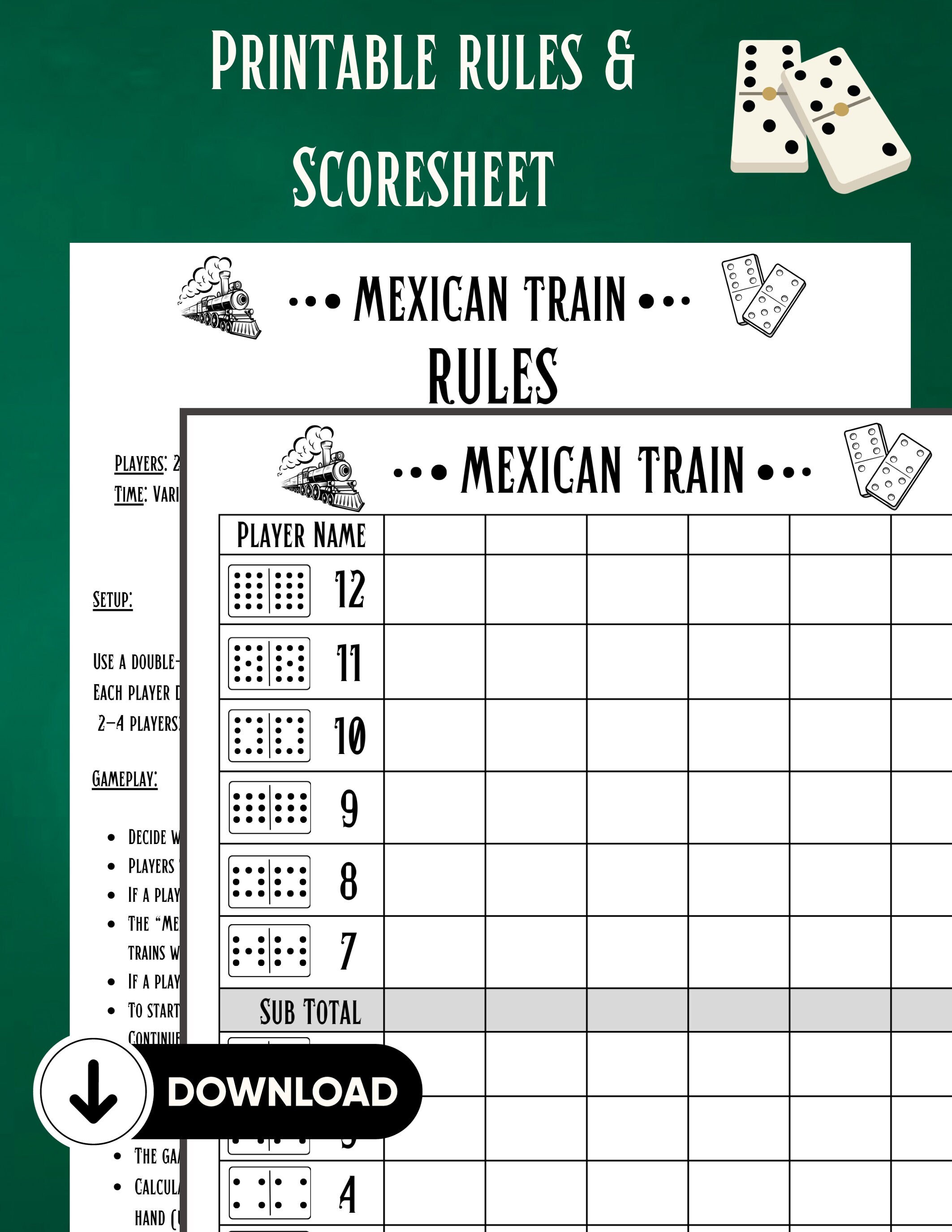 Mexican Train Scoresheet, Mexican Train Rules, Mexican Train Scorecard ...