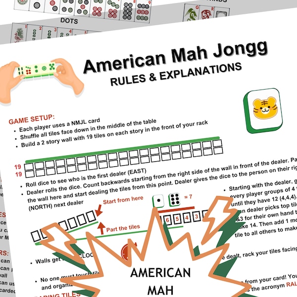 Mahjong Rules, American Mah Jongg Rules, Mah Jongg Cheat Sheet,Mahjong Learning Set,American Mah Jong Sheet Print Out, Mahjong Instructions