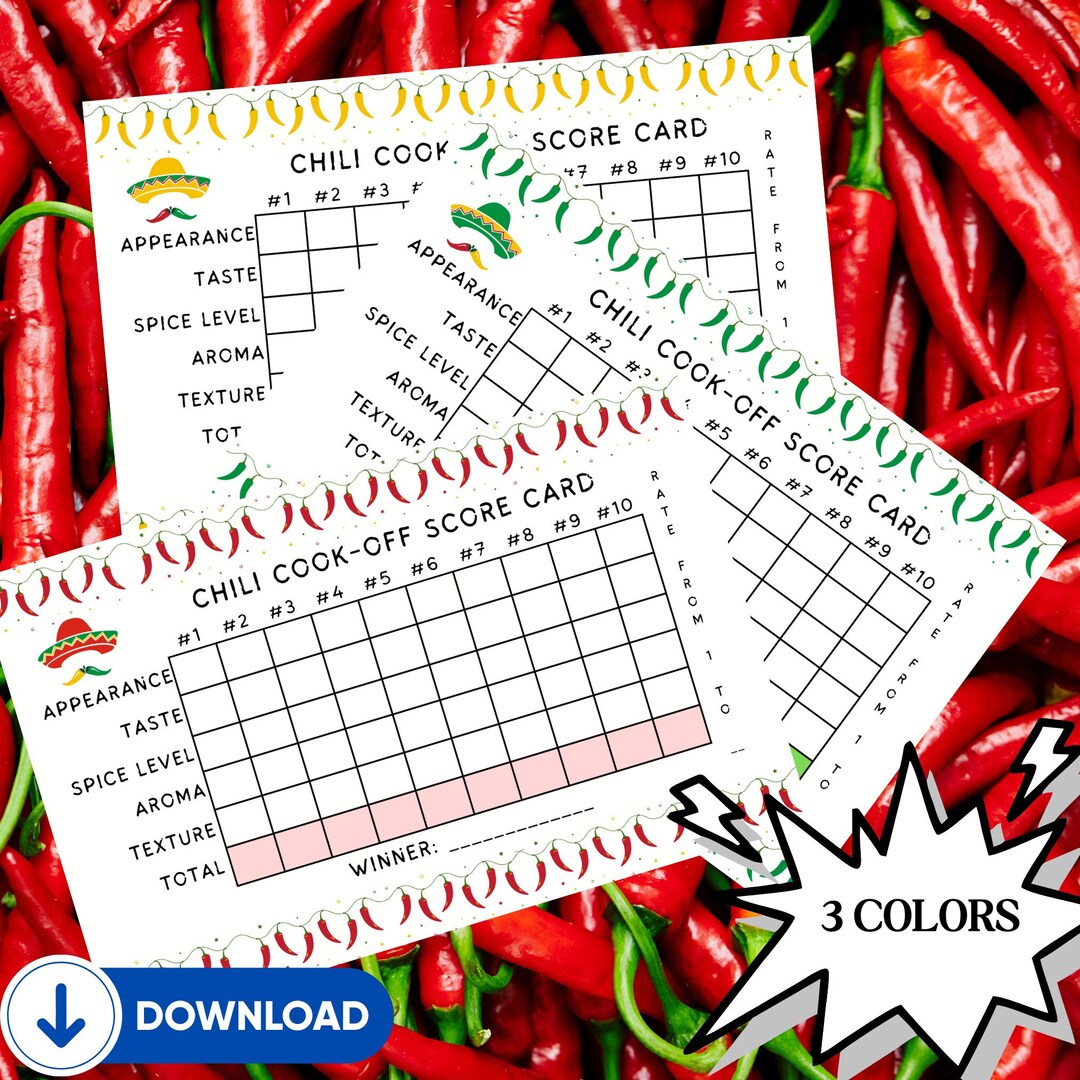 Chili Cook-off Voting Cards, Judging Scorecards Printable, Voting ...