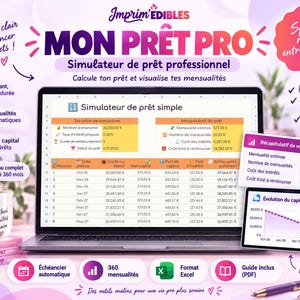 Peut inclure: Un simulateur de prêt professionnel numérique affiché sur un écran d'ordinateur portable, présentant un tableur avec des données financières, des conditions de prêt et des calculs de mensualités. L'interface inclut du texte, un résumé et un graphique.