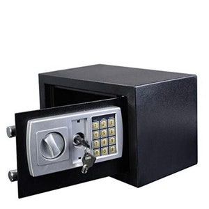 May include: A black metal safe with a digital keypad and a keyhole. The safe has a silver handle and a silver keypad. The door is open and the interior is visible.