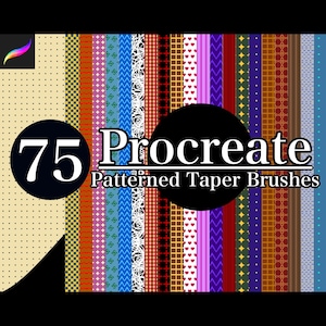 Può includere: 75 pennelli conici a motivi Procreate. Una collezione di 75 pennelli digitali per l'app Procreate, con una varietà di motivi in diversi colori.