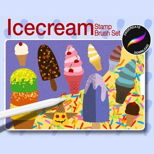 May include: A digital illustration featuring ice cream cones, popsicles, and stacked scoops, with the text "Icecream Stamp Brush Set" and a Procreate download icon. A white stylus is present, along with colourful sprinkles.