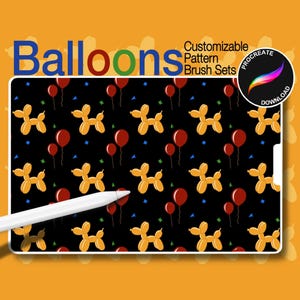 Könnte beinhalten: Eine digitale Illustration eines nahtlosen Musters mit gelben Ballontieren in Form von Hunden, roten Ballons und Konfetti auf schwarzem Hintergrund. Der Text "Balloons" befindet sich in der oberen linken Ecke des Bildes. Der Text "Customizable Pattern Brush Sets" befindet sich in der oberen rechten Ecke des Bildes. Der Text "Procreate Download" befindet sich in der oberen rechten Ecke des Bildes.