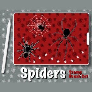 May include: A set of digital stamps featuring black spiders on a red background with white spiderwebs. The text "Spiders Stamp Brush Set" is at the bottom of the image.