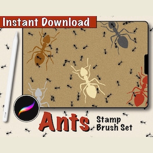 May include: A digital illustration of a set of ant stamp brushes. The image shows a variety of ants in different colors, including red, orange, brown, white, and gray. The ants are on a brown background with the text "Ants Stamp Brush Set" at the bottom of the image.
