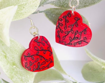 Wood-burned Heart-Shaped Vine Earrings, Red