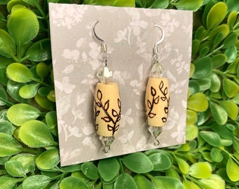 Wood-burned Dangle Earrings with Beads