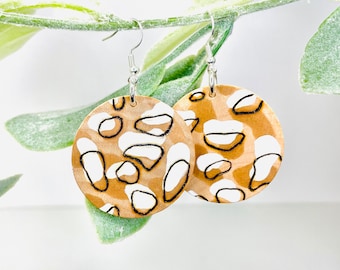 Wood-burned Circular Painted Camo Earrings, Brown and White