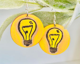 Wood-burned Circular Painted Lightbulb Earrings, Yellow