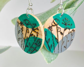Wood-burned Circular Painted Flower Earrings, Green and Grey