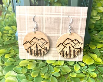 Wood-burned Circular Mountain Earrings