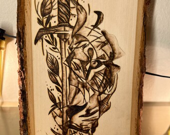 Wood-Burned Lion and Dagger Wall Decor
