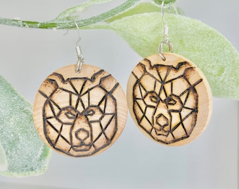 Wood-burned Circular Bear Earrings