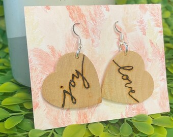 Wood-burned Heart-Shaped “Love” and “Joy” Earrings