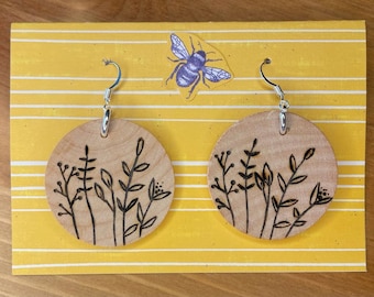Wood-burned Circular Plant Earrings