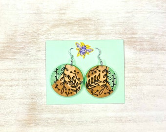 Wood-burned Circular Painted Plant Earrings