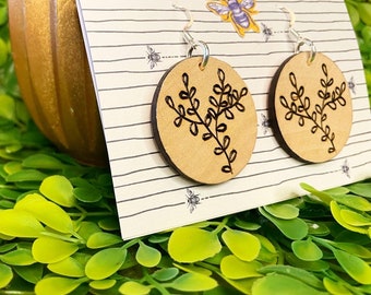 Wood-burned Circular Leafy Earrings