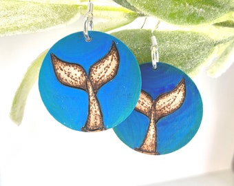 Wood-burned Circular Painted Whale Tail Earrings, Blue