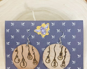 Wood-burned Circular Lightbulb Earrings