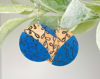 Wood-burned Circular Painted Plant Earrings, Blue and Gold