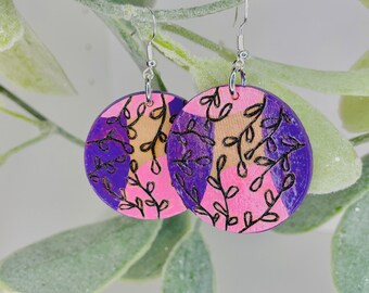 Wood-burned Circular Painted Plant Earrings, Purple and Pink