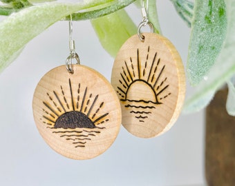 Wood-burned Circular Sunshine Earrings