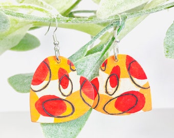 Wood-burned Heart-Shaped Vine Earrings, Red and Orange