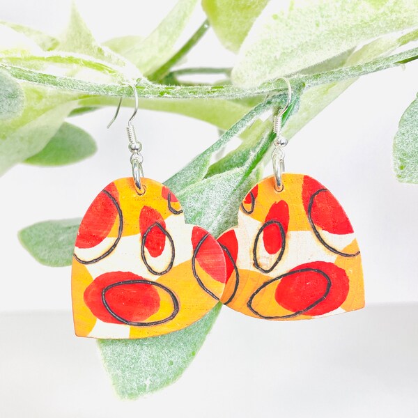 Wood-burned Heart-Shaped Vine Earrings, Red and Orange