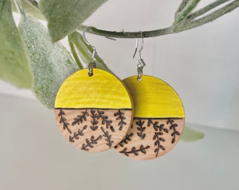 Wood-burned Circular Painted Vine Earrings