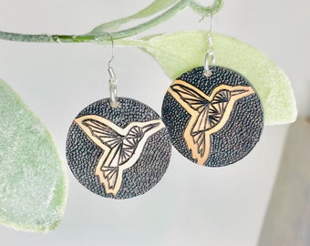 Wood-burned Circular Hummingbird Earrings