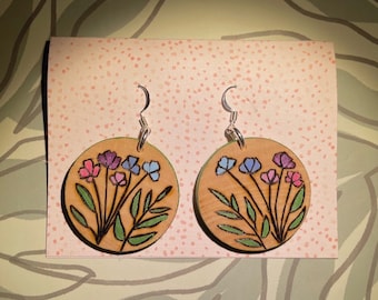 Wood-burned Circular Painted Flower Earrings
