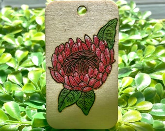 Painted Wood-Burned Protea Flower Key Chain