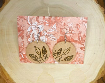 Wood-burned Circular Leaf Earrings