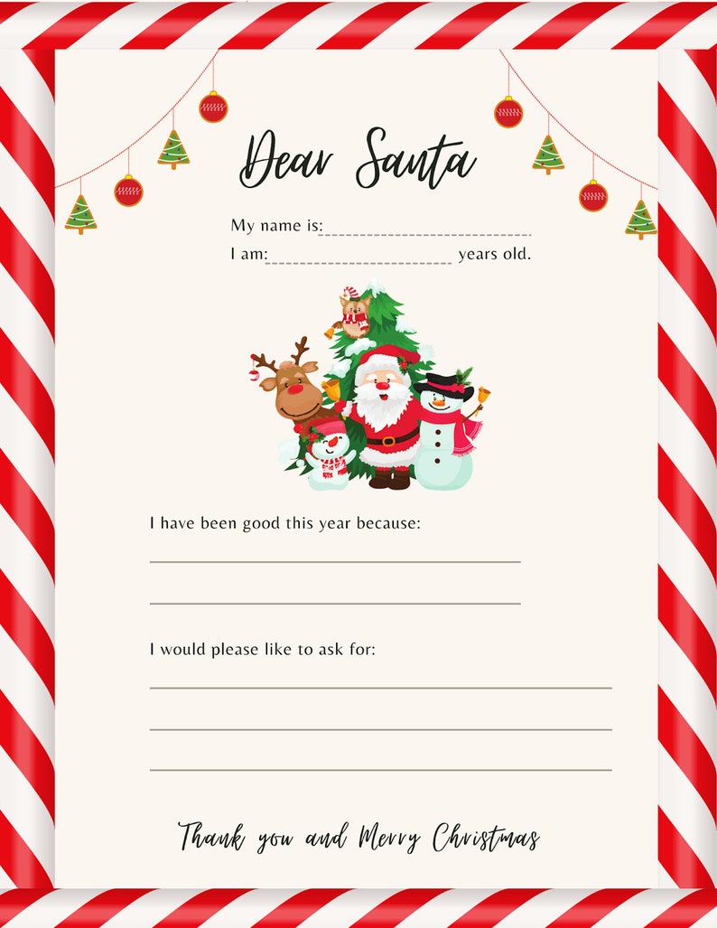 Dear Santa Detailed Letter With Santa and Candycane Stripes Christmas