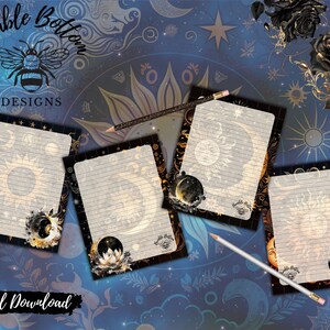 May include: Four printable digital planner pages with a celestial theme. Each page features a black and gold design with a sun, moon, and stars. The pages have lined paper for writing.