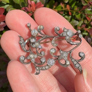 Antique Victorian Old Mine Cut and Rose Cut Diamond Silver-Topped 14k Gold Brooch Pin
