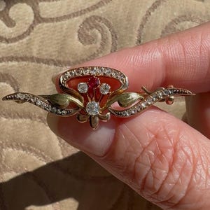 Art Nouveau Natural Ruby, Old Mine Cut Diamond, and Rose Cut Diamond 14k Green and Yellow Gold Brooch