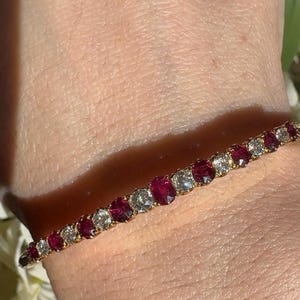 Antique Victorian Natural Ruby and Old European Cut Diamond 15k Yellow Gold Bangle Bracelet