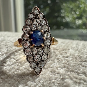 Victorian No Heat Sapphire Diamond Navette Ring: 14k Yellow Gold Antique