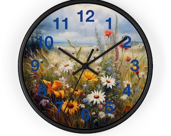 Wooden Frame Clock with Plexiglass, Clock, flowers,