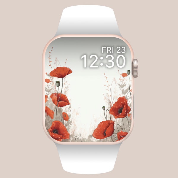 Red Field Poppy Apple Watch Fond d'écran, Fleurs de printemps Apple Watch Face, Fond végétal, Composition florale délicate, Fond blanc