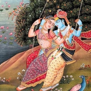 Handpainted Miniature Painting of Lord Krishna and Radhaji | Painted on Cloth | Art from Rajasthan India
