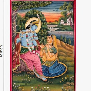 Handpainted Miniature Painting of Lord Krishna and Radhaji | Painted on Paper | Art from Rajasthan India
