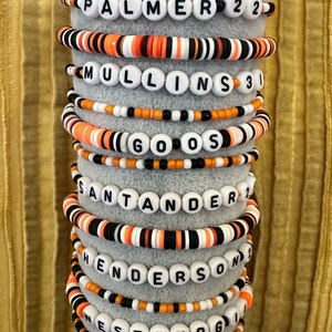 MLB Bracelets, Baltimore Orioles, Custom Sports Friendship Bracelet Stack, Personalized Team Colors & Names