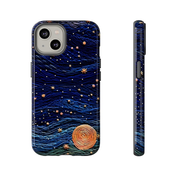 Van Gogh Starry Night Embroidered Look Phone Case | Celestial Night Sky Dark Blue Phone Cover | iPhone | Pixel | Samsung